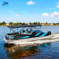 Bateau ponton en fibre de verre noir monocouche de 29 pieds, style sport, double console, pare-brise, évier, lit double arrière