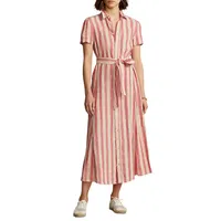 Dress Casual Pink Cotton Women's Dress Linen OEM Manufacturer Short Sleeves Custom Casual Striped Dress For Women