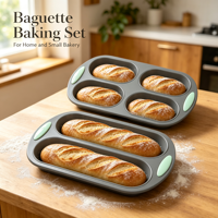 Lot de 2 moules à baguettes en silicone, 3 cavités et 2 cavités perforées, avec poignées, pour la cuisson au four