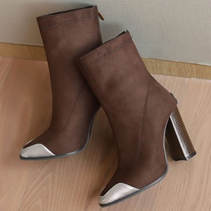 <b>Round</b> <b>Toe</b> Women's Patchwork Short Boots High Chunky <b>Heels</b> Ankle Booties Back Zipper Large Size 50 Wide Fit Shoes - Product Image 6