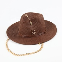 Chapeau Bob Rétro en Papier Tressé et Raphia Rayé pour Femme avec Broche Métallique, Anneau et Chaîne, Sangle Mentonnière, Idéal Voyage et Décontracté