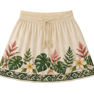Women Wholesale Hawaiian Embroidered Mini <b>Skirts</b> Custom Tropical Floral Cotton Summer A-Line <b>Elastic</b> Waist Beach <b>Skirt</b> Bulk OEM - Product Image 1