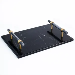 OEM Custom Nordic High End Light Luxury Home Decor Rectangle Black Marquina Stone Tea Marble Tray With Handles