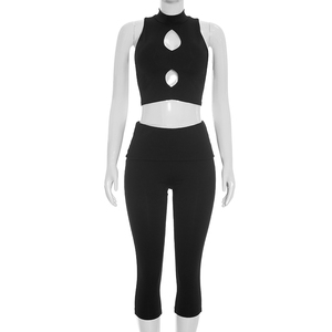 Viviblook J26ST187 Women Summer Set Solid Color Hollow Crop Tank Top Cropped Pants Two Piece Set - Product Image 2