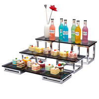 Rehausseurs de buffet carrés en acier inoxydable argenté avec verre trempé, supports d'exposition modernes et minimalistes pour hôtel, buffet, traiteur