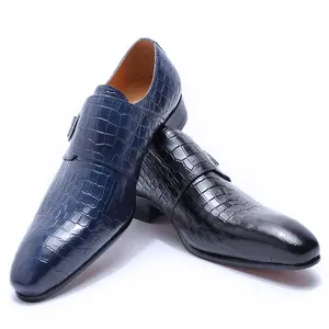 Sapatos de vestido de couro masculino, popular, estampa de crocodilo, fivela, casamento, escritório, formal, sapatos de negócios, preto, azul