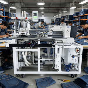 Machine à coudre industrielle automatique pour l'insertion de poches - Programmable pour la couture de rabats et de surpiqûres, 2800 tr/min pour jeans - Product Image 1