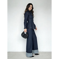 Ensemble en jean 2 pièces décontracté pour femme, motif uni, chemise à manches longues à col rabattu avec décoration boutonnée, convient à la saison printanière