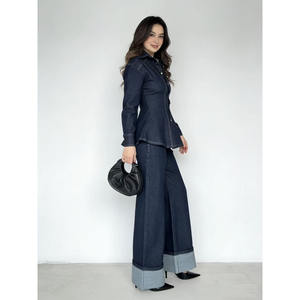 Completo Casual da <span class=keywords><strong>Donna</strong></span> in Denim a Tinta Unita, 2 Pezzi, <span class=keywords><strong>Camicia</strong></span> a Maniche Lunghe con Colletto e Decorazione a Bottoni, Adatto per la Primavera - Product Image 3