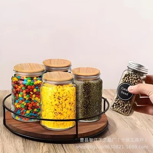 Wooden rotating kitchen spice rack, double-layer oil, salt, soy <b>sauce</b>, vinegar storage rack, coffee and milk tea jar storage - Product Image 2