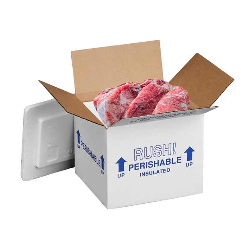 Kotak pengiriman terisolasi termal makanan segar Liner busa karton pengiriman dingin Styrofoam kustom untuk minuman daging makanan beku