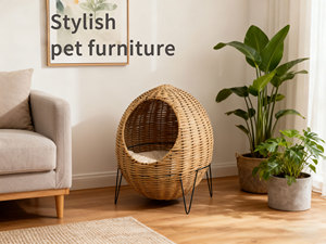 Maison pour chat en rotin de qualité supérieure sur pieds trépieds surélevés, lit pour chat surélevé avec coussin doux, panier pour animaux de compagnie moderne fait à la main - Product Image 6