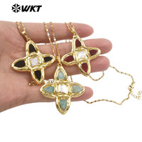 WT-JN363 Offre Spéciale délicat plaqué or oeil de tigre pierres précieuses naturelles et perle croix pendentifs collier pour dames match quotidien