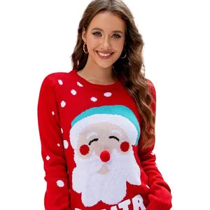 流行女装圣诞老人套头毛衣秋冬新款字母刺绣圣诞红色毛衣