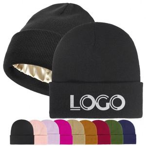 Custom Beanies Cap With Embroidery Logo Hot Sale Knit Designer Winter Satin Silk Beanie <b>Hat</b> - Product Image 1