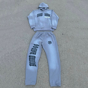 Ensemble 2 pièces de sweat à capuche et pantalon de survêtement de sport personnalisés pour hommes, survêtement de rue brodé et délavé à l'acide, survêtement en éponge pour hommes - Product Image 1