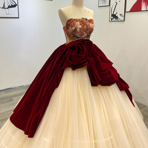 Jancember Wm009 Flower <b>Red</b> and Champagne Modest Ball Gown Evening Dress - Product Image 2