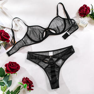 Ensemble de lingerie sexy en maille transparente à découpes, 2 pièces, nouveau design, soutien-gorge fin et string érotiques - Product Image 4