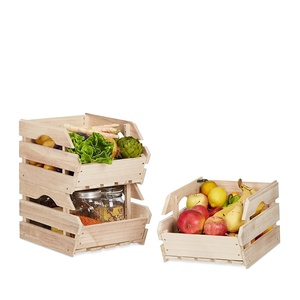 hot sale durable 3 tiers natural solid paulownia wood vintage stackable wooden fruit box storage basket for fruit kitchen