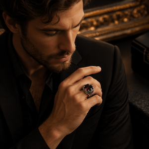 Anello da Uomo Ottomano Turco Vintage Personalizzato OEM, Anello Gotico con Sigillo in Acciaio Inossidabile Bicolore Anticato e Rubino Rosso, Vendita all'Ingrosso - Product Image 5