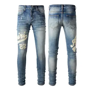 Jeans di alta qualità con toppa in Denim con stampa ampia Streetwear strappata slim fit Jeans personalizzati americani da uomo Jeans