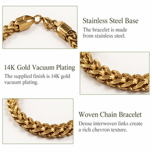 Bracelet chaîne tressée, acier inoxydable plaqué or 14 carats, maillons chevron entrelacés, or - Product Image 4