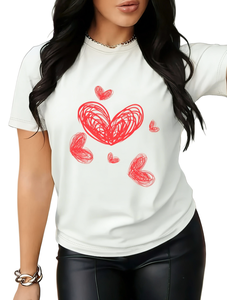 T-shirt Casual da Donna per San Valentino, Manica Corta, Girocollo, Stampa Cuore, Traspirante, Leggera, in Cotone, Primavera Estate - Product Image 1
