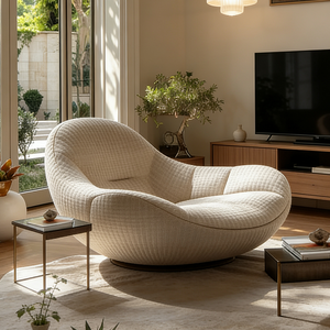 Poltrona Girevole Moderna in Bouclé Stile Nordico Bianco <span class=keywords><strong>Crema</strong></span> Circolare per Soggiorno Arredo di Lusso Confortevole - Product Image 6