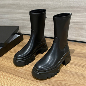 Bottines amincissantes pour femmes de petite taille, mi-mollet, noires, à talon épais, style cigarette, avec fermeture éclair arrière - Product Image 4