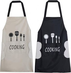 Tablier de cuisine imperméable avec serviettes latérales intégrées en velours corail, lot de 2 beige et noir avec impression 'Cuisine' - Product Image 1