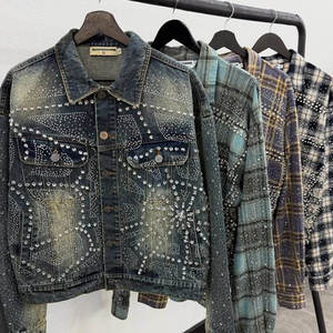 Custom 100% Cotton Heavyweight Denim <b>Jacket</b> <b>Rhinestone</b> Cut Sew Crystal Cargo Pocket Windproof Hip Hop Winter Men Denim <b>Jacket</b> - Product Image 3