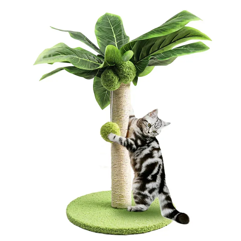 Wholesale INS Hot Green Palm Sisal Wooden Cat Trees Scratching Board Poles With Toy Hanging Ball Sisal Rope Cat Tree For Indoor