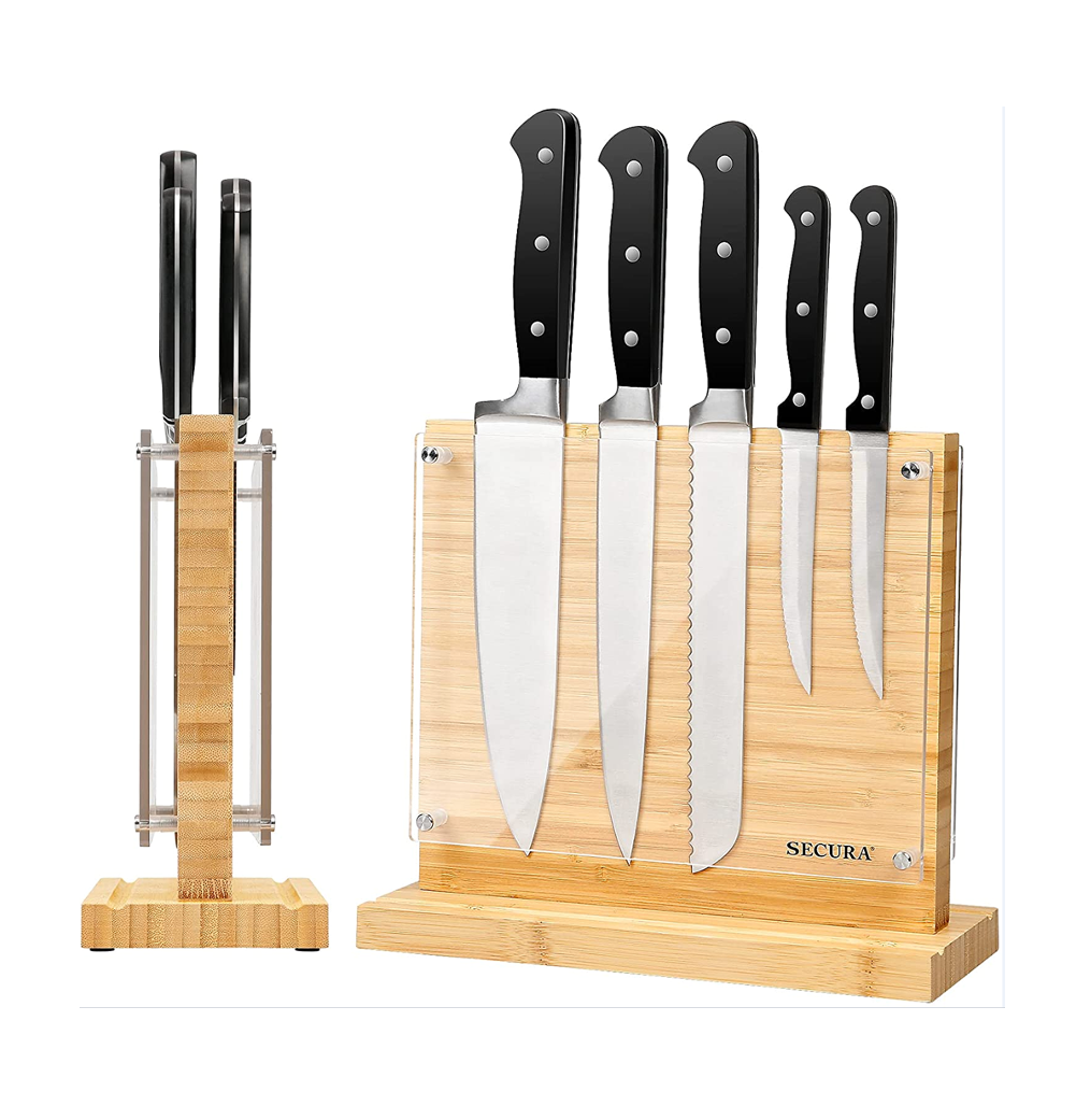 Магнитный блок для ножей, бамбуковый двухсторонний держатель для ножей с акриловым щитком, подставка для ножей, стойка-органайзер для кухни