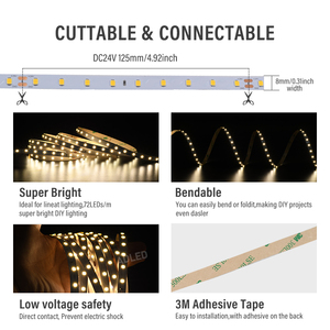 200LM/W Flexible SMD2835 LED Bande Lumières 72 LEDs/M 3 W/M 24V 8mm Largeur IP65 Évalué 90 CRI Dimmable Extérieur pour Armoires de Cuisine - Product Image 6