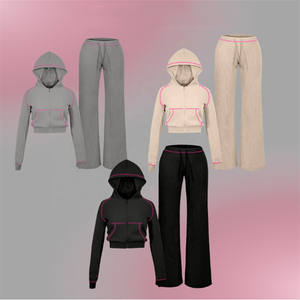 定制华夫饼针织套装修身拉链连帽衫和喇叭裤高品质来样定做秋季2件套健身运动服女性 - Product Image 2