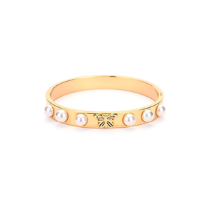 SmileJoyas Brazalete de Perlas Redondas Blancas, Acero Inoxidable 316L, Chapado en Oro PVD, Diseño de Mariposa, Joyería Clásica para Mujer - Product Image 2