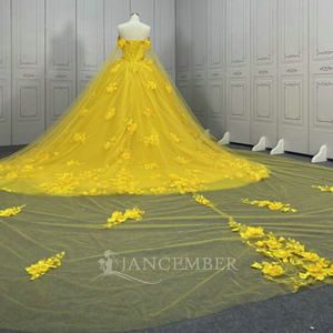 Vestido de Gala Jancember LSMU164 Amarillo Brillante con Hombros Descubiertos, Diseño Floral 3D, Falda Amplia para Fiesta de Quinceañera - Product Image 2