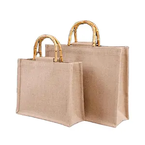 Portable Burlap Jute Shopping Bag Handbag Bamboo Loop Handles Tote Retro DIY Bag Handbag recycled Women Big Size Beach Bag For