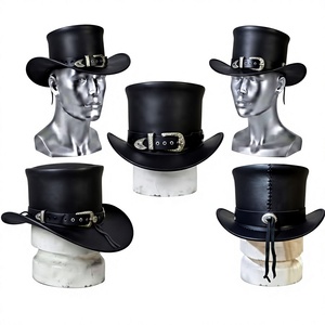 Chapeau haut-de-forme en cuir unisexe pour adulte, décontracté, pour fête, 56-58 cm, noir, avec boucle de ceinture, broderie de perles, toutes saisons, fabriqué au Pakistan - Product Image 2
