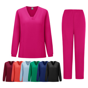 Women <b>Scrub</b> Suit Set Long Sleeve V Neck Knitted Moisture Wicking Hospital Uniforms Split Set For Medical Work Winter Wear - Product Image 3