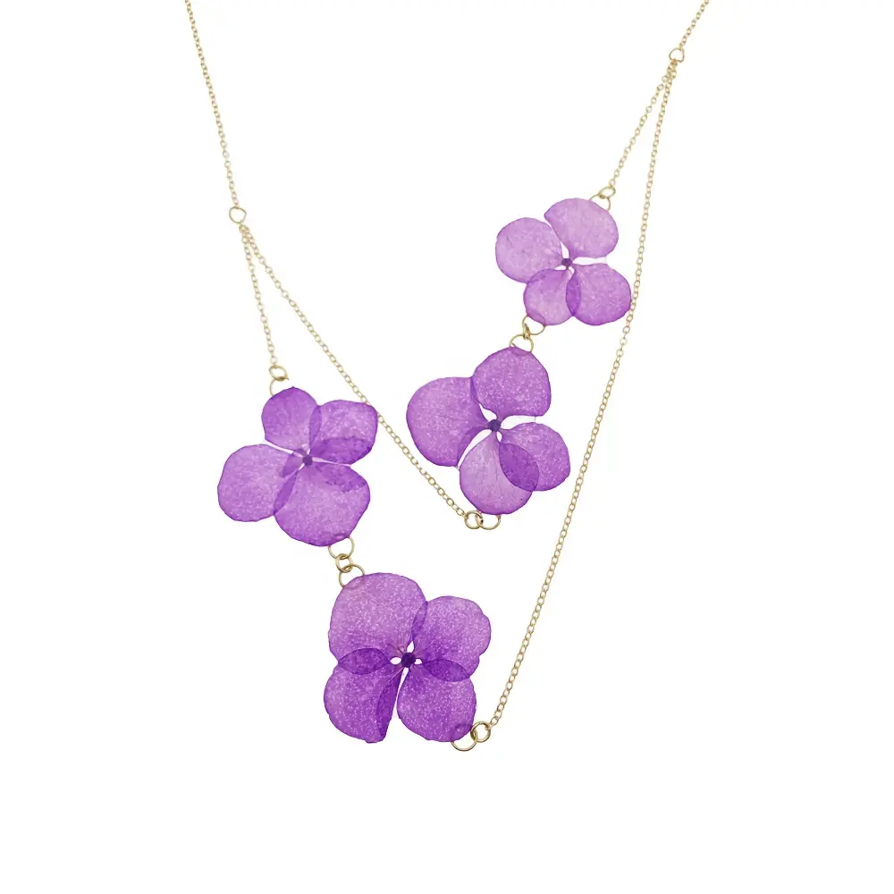Handmade Botanical 18k gold real flower jewelry 2022 Pressed Flowers layered resin hydrangea pendant necklace
