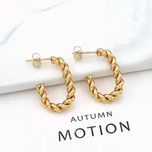 Punk Twisted Jewelry Stainless Steel Geometric Chain Hollow18k Gold Plated Link Chain Hoop C Shape Earrings For Women