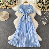 Robe à col rond ornée de diamants pour femmes en dentelle soluble dans l'eau, patchwork plissé, jupe longue élégante pour l'automne