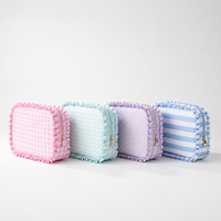 Trousse de Maquillage de Voyage en Gingham pour Femme, Grande Capacité, Organisateur Cosmétique à Ouverture Large, Sac de Toilette à Volants avec Fermeture Éclair Dorée