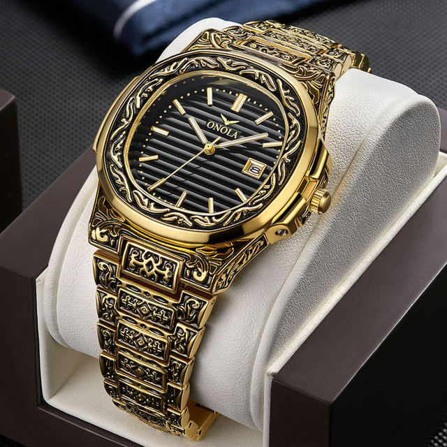 New Design Luxury Watches Orologio Uomo Luxus Uhr Retro Style Reloj Para Hombre Waterproof Relief Bronze Quartz Watch for Men