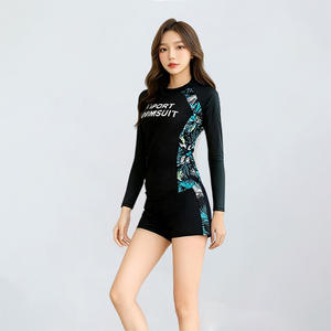 Traje de baño de dos piezas para mujer, pantalones de manga larga, secado rápido, protección solar, snorkel, buceo, surf, cuello redondo, negro - Product Image 2