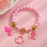 Bracelet tendance en perles et chaîne en plastique avec pendentif Ruban Rose pour la sensibilisation au cancer du sein, cadeau pour femme