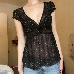 Camiseta de punto vintage Y2K de verano para mujer, manga corta, cuello en V, con lunares, malla, patchwork, fruncida, cintura alta, contraste de color, informal - Product Image 5