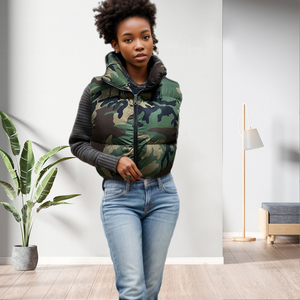 Nuevo Diseño de Chaleco de Invierno con Estampado de Camuflaje, Cuello Alto, Cierre de Cremallera y Relleno de Algodón para Mujer, a la Moda - Product Image 2