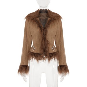 Chaqueta Corta de Mujer en Gamuza Sintética Marrón con Ribete de Piel Sintética, Corte Entallado, Abrigo de Invierno - Product Image 6